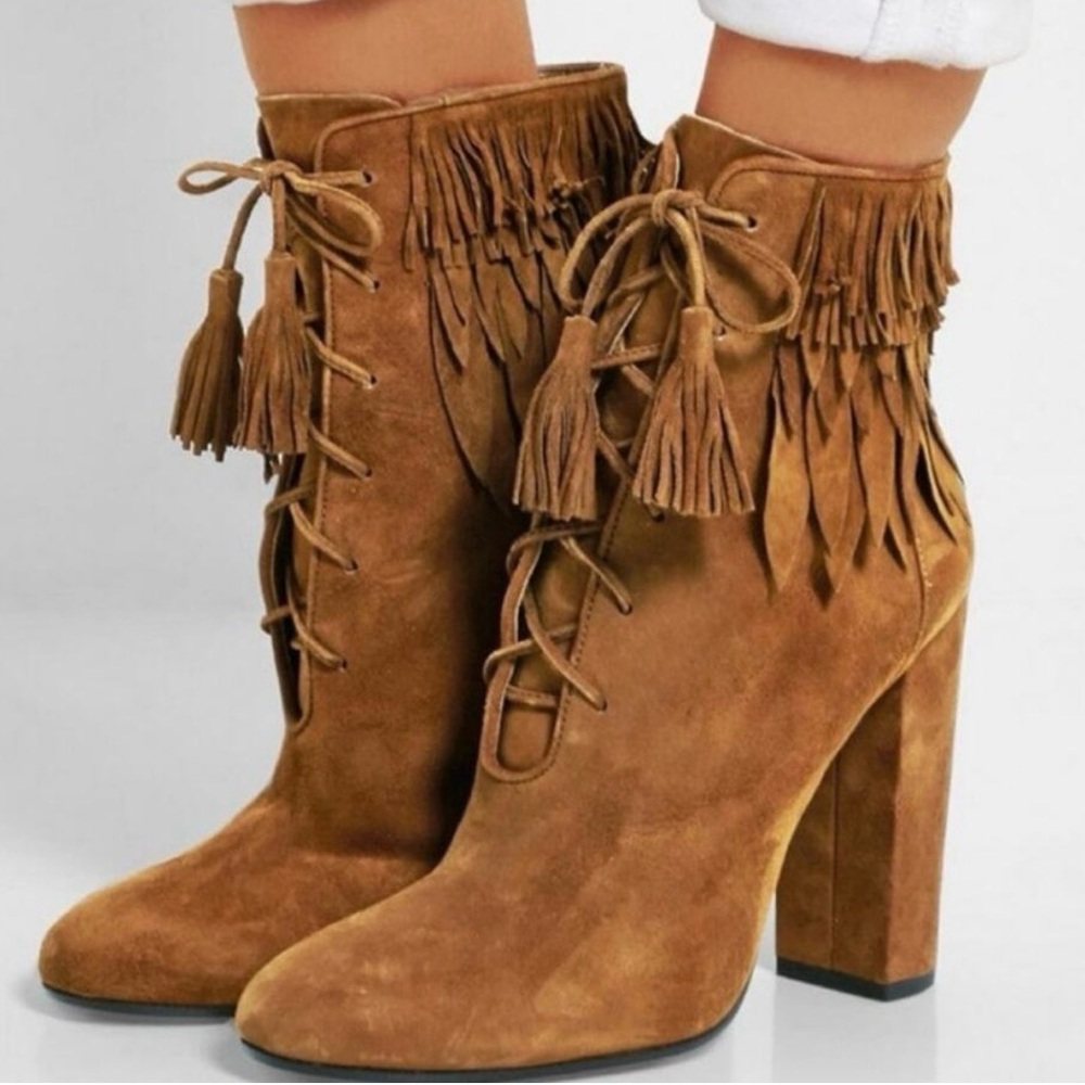 Aquazzura Tan Suede Tassel Heeled Boots